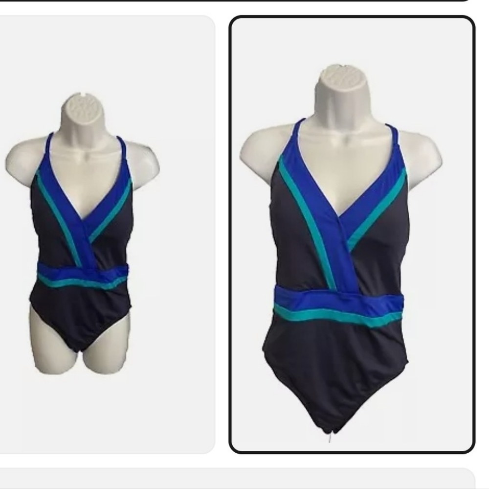 Sonnet Shores Navy & Aqua Women's Full Coverage Padded Cup One-pc Swimsuit Sz 14